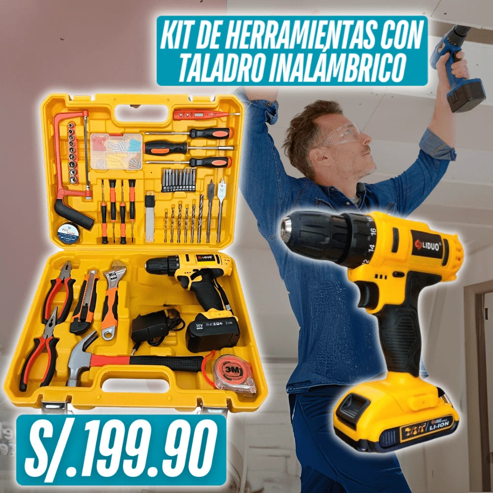 Kit de herramientas con taladro inalámbrico